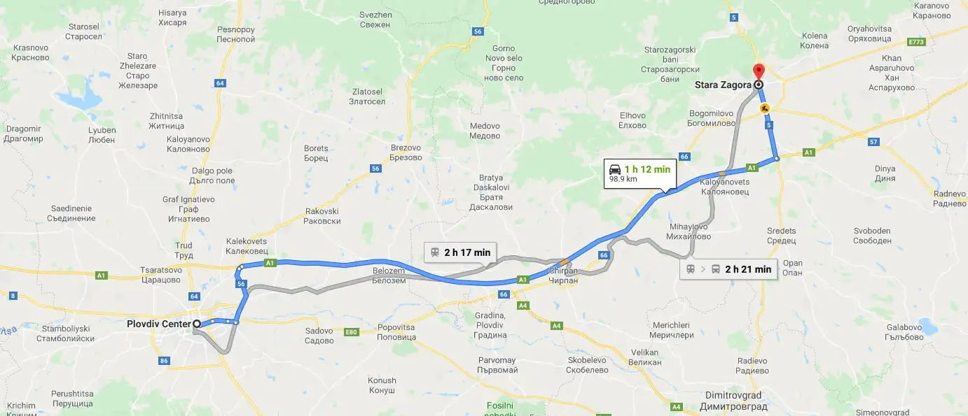 Карта на маршрута Пловдив – Стара Загора по магистрала Тракия